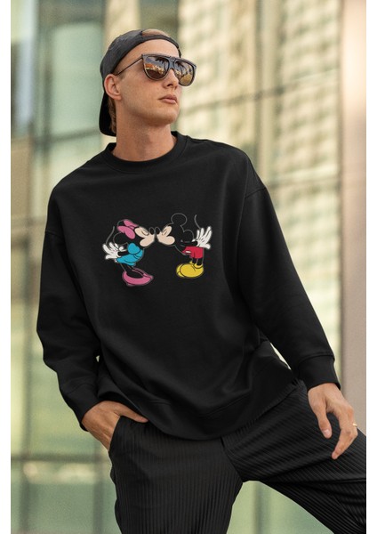 Mickey ve Minnie Mouse Baskılı Kapüşonsuz Sweatshirt,unisex Oversize Çiftler Için Couple Sweatshirt
