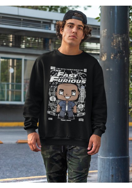 Fuddy Moda Minyatür Vin Diesel Baskılı Kapüşonsuz Sweatshirt,unisex Oversize Hızlı ve Öfkeli Baskılı Sweatshirt