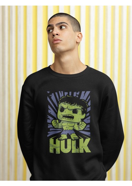 Minyatür Hulk Baskılı Kapüşonsuz Sweatshirt, Unisex Oversize Marvel Hulk Baskılı Sweatshirt