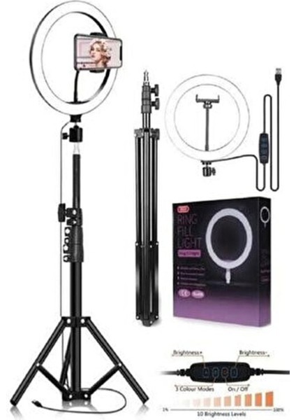 Youtuber LED 10 Inç Ring Light 5500K Youtuber LED Işıklı 2.1 Metre Tripod Selfie Makyaj Işığı