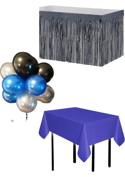Lacivert Masa Örtüsü Siyah Masa Eteği 20 Adet Siyah Gümüş Koyu Mavi Balon Set