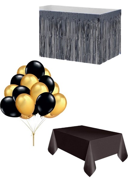 Siyah Masa Örtüsü Siyah Masa Eteği 20 Adet Siyah Gold Balon Set