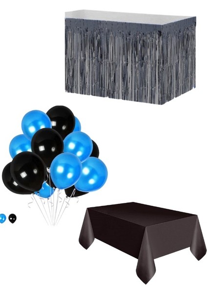 Siyah Masa Örtüsü Siyah Masa Eteği 20 Adet Siyah Mavi Balon Set