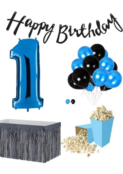 1 Yaş Mavi-Siyah Balon Rakam Folyo Banner Mısır Kutusu Masa Eteği Doğum Günüparti Seti