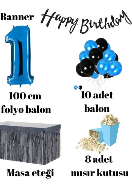 1 Yaş Mavi-Siyah Balon Rakam Folyo Banner Mısır Kutusu Masa Eteği Doğum Günüparti Seti fiyatları