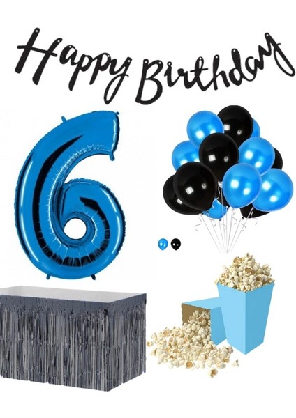 6 Yaş Mavi-Siyah Balon Rakam Folyo Banner Mısır Kutusu Masa Eteği Doğum Günüparti Seti fiyatları