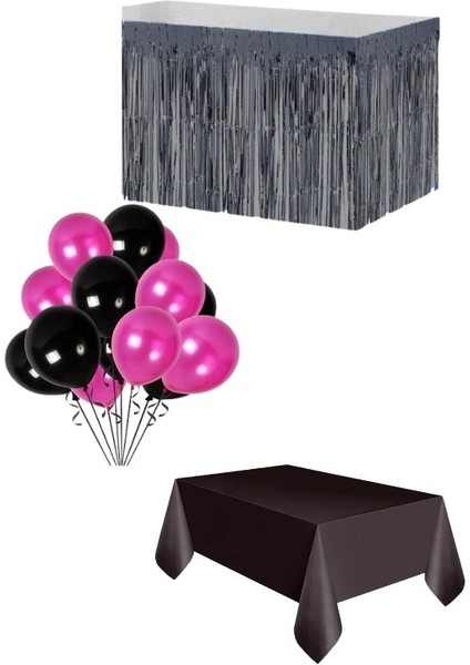 Siyah Masa Örtüsü Siyah Masa Eteği 20 Adet Siyah Fuşya Balon Set