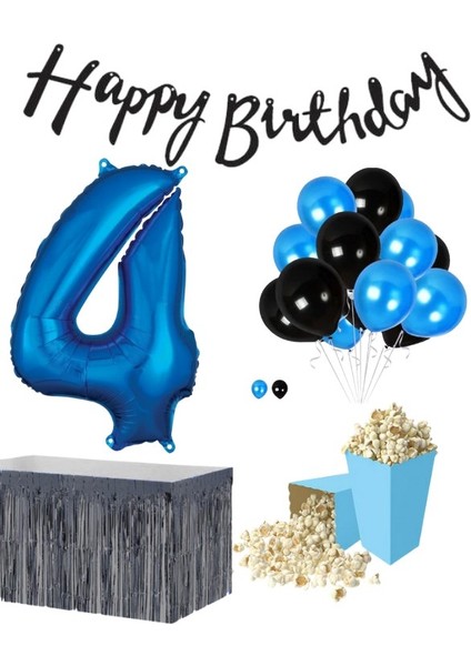 4 Yaş Mavi-Siyah Balon Rakam Folyo Banner Mısır Kutusu Masa Eteği Doğum Günüparti Seti