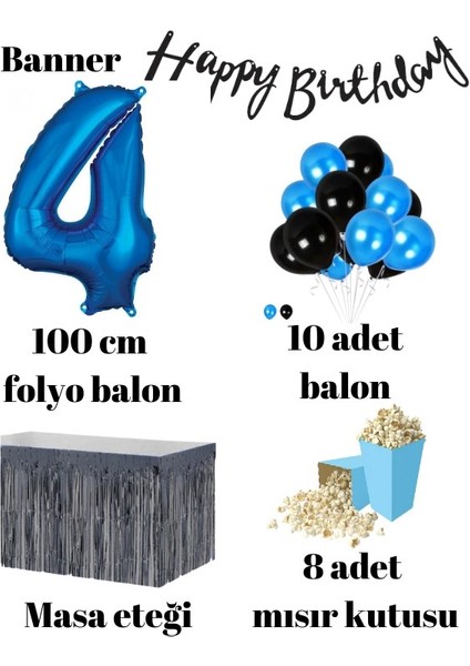 4 Yaş Mavi-Siyah Balon Rakam Folyo Banner Mısır Kutusu Masa Eteği Doğum Günüparti Seti fiyatları