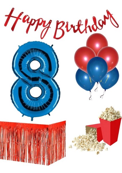8 Yaş Kırmızı-Mavi Balon Rakam Folyo Banner Mısır Kutusu Masa Eteği Doğum Günüparti Seti