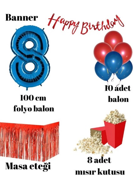 8 Yaş Kırmızı-Mavi Balon Rakam Folyo Banner Mısır Kutusu Masa Eteği Doğum Günüparti Seti fiyatları