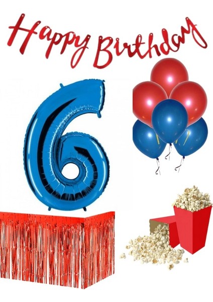 6 Yaş Kırmızı-Mavi Balon Rakam Folyo Banner Mısır Kutusu Masa Eteği Doğum Günüparti Seti