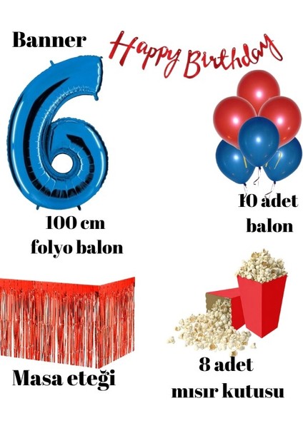 6 Yaş Kırmızı-Mavi Balon Rakam Folyo Banner Mısır Kutusu Masa Eteği Doğum Günüparti Seti fiyatları