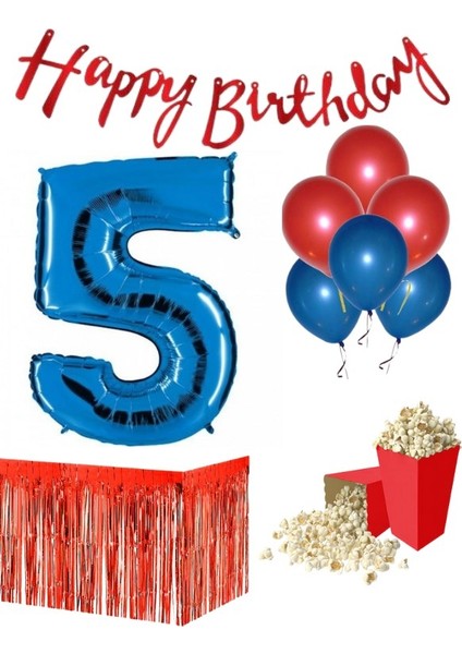 5 Yaş Kırmızı-Mavi Balon Rakam Folyo Banner Mısır Kutusu Masa Eteği Doğum Günüparti Seti