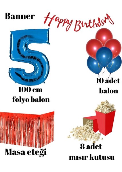 5 Yaş Kırmızı-Mavi Balon Rakam Folyo Banner Mısır Kutusu Masa Eteği Doğum Günüparti Seti fiyatları