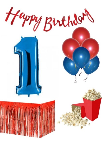 1 Yaş Kırmızı-Mavi Balon Rakam Folyo Banner Mısır Kutusu Masa Eteği Doğum Günüparti Seti