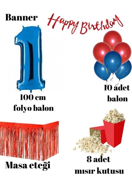 1 Yaş Kırmızı-Mavi Balon Rakam Folyo Banner Mısır Kutusu Masa Eteği Doğum Günüparti Seti fiyatları