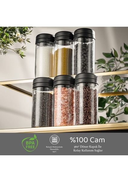 6 Adet Etiketli Cam Baharat Takımı - Döner Kapaklı Kavanoz Baharatlık Seti Tuzluk Biberlik 6X245 ml