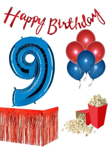 9 Yaş Kırmızı-Mavi Balon Rakam Folyo Banner Mısır Kutusu Masa Eteği Doğum Günüparti Seti
