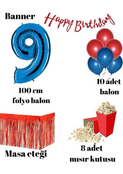 9 Yaş Kırmızı-Mavi Balon Rakam Folyo Banner Mısır Kutusu Masa Eteği Doğum Günüparti Seti fiyatları