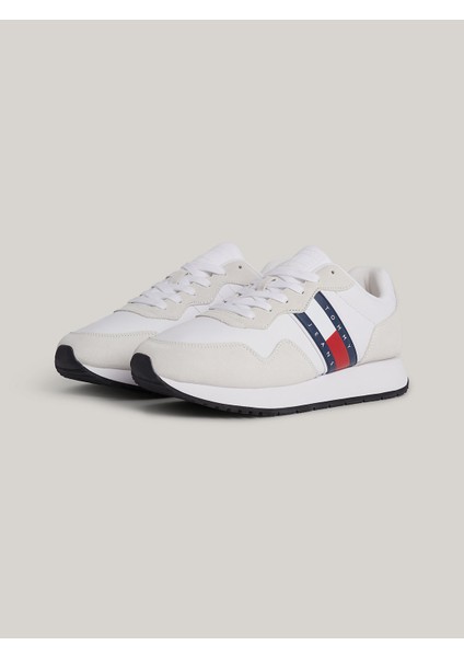 Tommy Hilfiger Erkek Marka Logolu Bağcıklı Kaydırmaz Tabanlı Günlük Beyaz Sneaker EM0EM01316-YBR