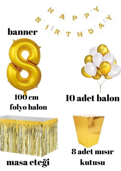 8 Yaş Beyaz Gold Balon Rakam Folyo Banner Mısır Kutusu Masa Eteği Doğum Günü Parti Seti fiyatları