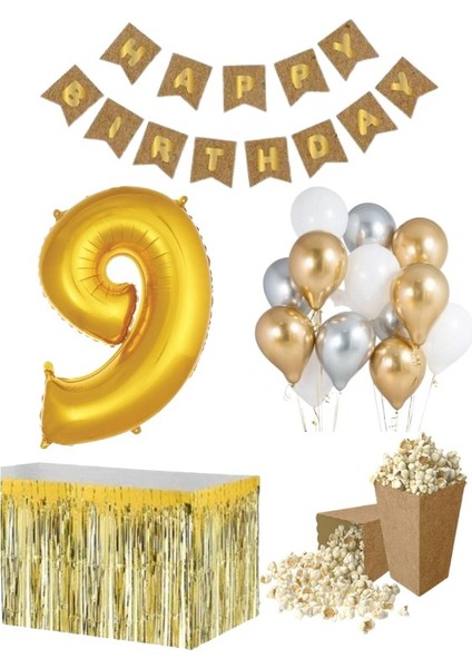 9 Yaş Kraft Gold Balon Rakam Folyo Banner Mısır Kutusu Masa Eteği Doğum Günü Parti Seti