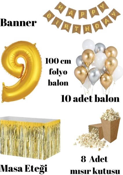 9 Yaş Kraft Gold Balon Rakam Folyo Banner Mısır Kutusu Masa Eteği Doğum Günü Parti Seti fiyatları