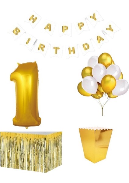 1 Yaş Beyaz Gold Balon Rakam Folyo Banner Mısır Kutusu Masa Eteği Doğum Günü Parti Seti