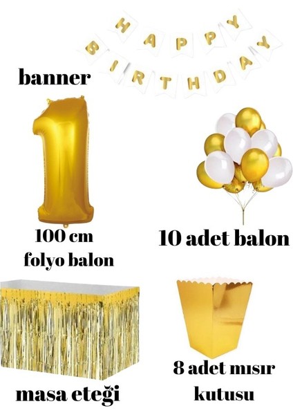 1 Yaş Beyaz Gold Balon Rakam Folyo Banner Mısır Kutusu Masa Eteği Doğum Günü Parti Seti fiyatları