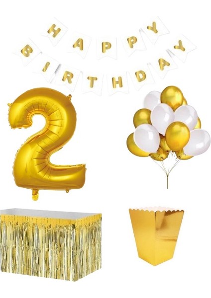 2 Yaş Beyaz Gold Balon Rakam Folyo Banner Mısır Kutusu Masa Eteği Doğum Günü Parti Seti