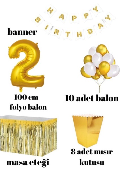2 Yaş Beyaz Gold Balon Rakam Folyo Banner Mısır Kutusu Masa Eteği Doğum Günü Parti Seti fiyatları