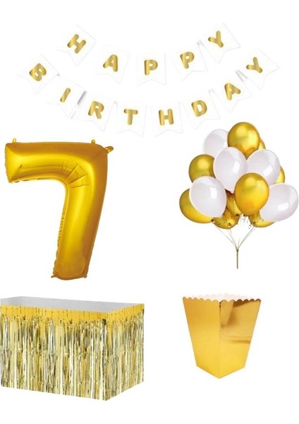 7 Yaş Beyaz Gold Balon Rakam Folyo Banner Mısır Kutusu Masa Eteği Doğum Günü Parti Seti
