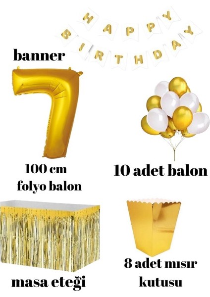 7 Yaş Beyaz Gold Balon Rakam Folyo Banner Mısır Kutusu Masa Eteği Doğum Günü Parti Seti fiyatları
