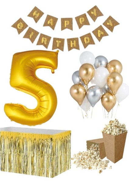 5 Yaş Kraft Gold Balon Rakam Folyo Banner Mısır Kutusu Masa Eteği Doğum Günü Parti Seti