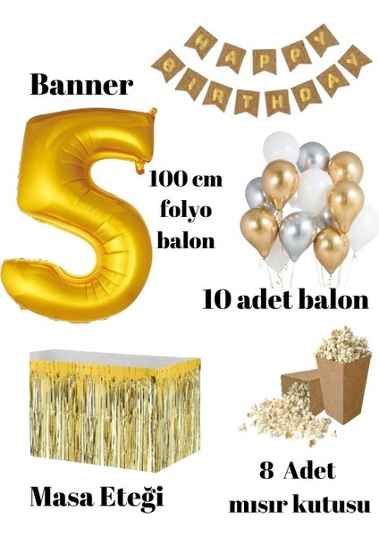 5 Yaş Kraft Gold Balon Rakam Folyo Banner Mısır Kutusu Masa Eteği Doğum Günü Parti Seti fiyatları