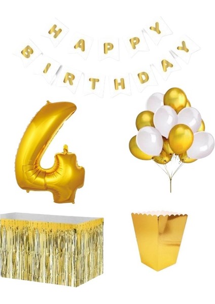 4 Yaş Beyaz Gold Balon Rakam Folyo Banner Mısır Kutusu Masa Eteği Doğum Günü Parti Seti