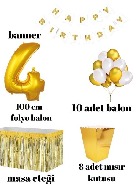 4 Yaş Beyaz Gold Balon Rakam Folyo Banner Mısır Kutusu Masa Eteği Doğum Günü Parti Seti fiyatları