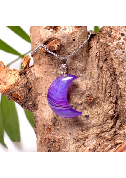 Ay Şeklinde Mor Akik Taşı Kolye - Küçük Boy