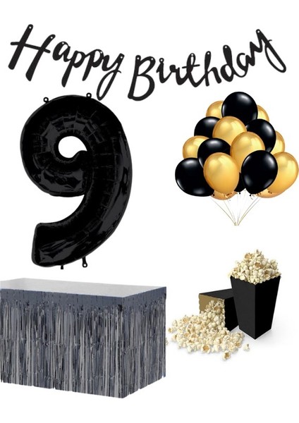 9 Yaş Siyah Balon Rakam Folyo Banner Mısır Kutusu Masa Eteği Doğum Günü Parti Seti