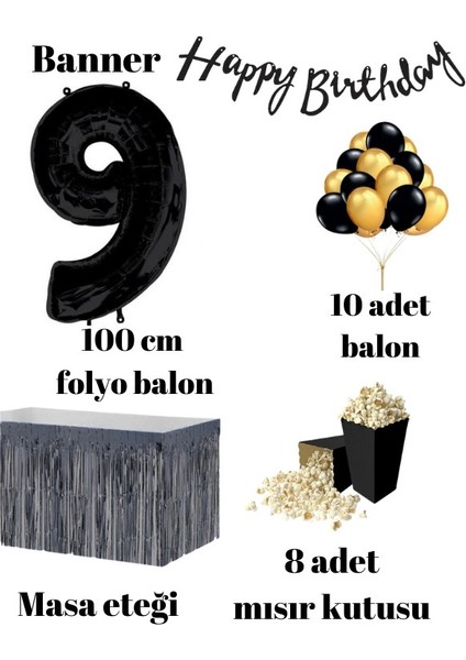 9 Yaş Siyah Balon Rakam Folyo Banner Mısır Kutusu Masa Eteği Doğum Günü Parti Seti fiyatları