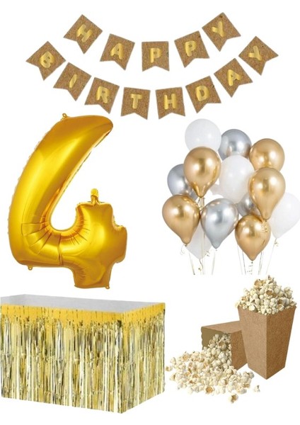 4 Yaş Kraft Gold Balon Rakam Folyo Banner Mısır Kutusu Masa Eteği Doğum Günü Parti Seti