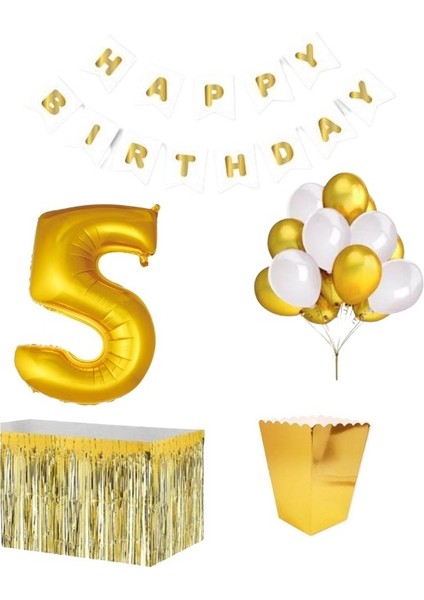 5 Yaş Beyaz Gold Balon Rakam Folyo Banner Mısır Kutusu Masa Eteği Doğum Günü Parti Seti