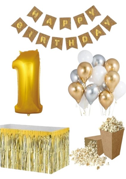 1 Yaş Kraft Gold Balon Rakam Folyo Banner Mısır Kutusu Masa Eteği Doğum Günü Parti Seti