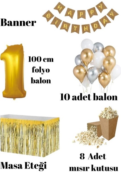 1 Yaş Kraft Gold Balon Rakam Folyo Banner Mısır Kutusu Masa Eteği Doğum Günü Parti Seti fiyatları