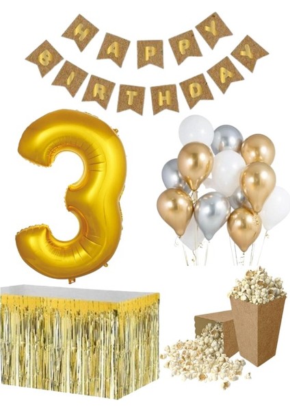 3 Yaş Kraft Gold Balon Rakam Folyo Banner Mısır Kutusu Masa Eteği Doğum Günü Parti Seti
