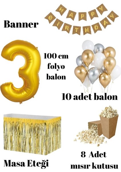 3 Yaş Kraft Gold Balon Rakam Folyo Banner Mısır Kutusu Masa Eteği Doğum Günü Parti Seti fiyatları
