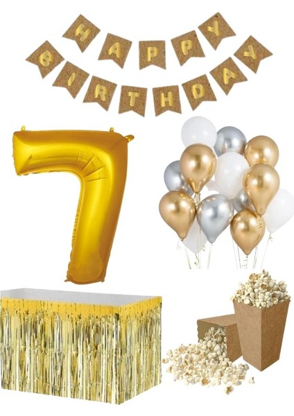 7 Yaş Kraft Gold Balon Rakam Folyo Banner Mısır Kutusu Masa Eteği Doğum Günü Parti Seti