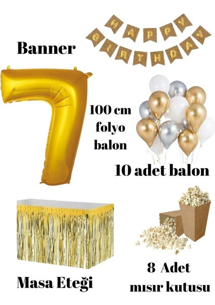 7 Yaş Kraft Gold Balon Rakam Folyo Banner Mısır Kutusu Masa Eteği Doğum Günü Parti Seti fiyatları