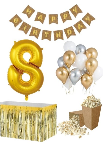 8 Yaş Kraft Gold Balon Rakam Folyo Banner Mısır Kutusu Masa Eteği Doğum Günü Parti Seti